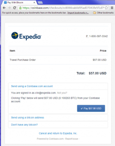 Expedia : fenêtre Coinbase