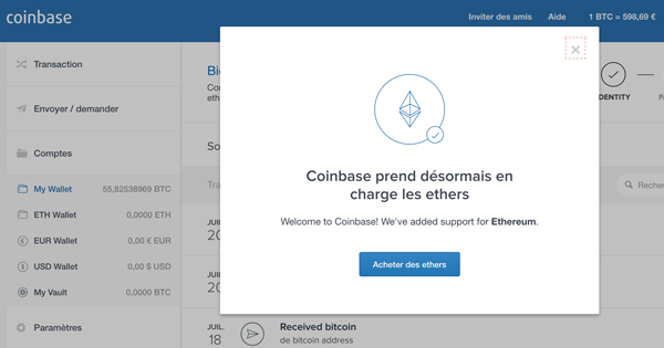 Coinbase permet d’acheter de l’Ether sur l’interface classique